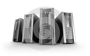 Row of network servers over white