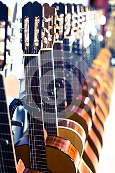 Row of new acoustic guitars in music shop