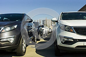 A row of new cars parked at a car dealer shop