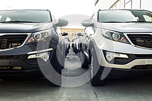 A row of new cars parked at a car dealer shop