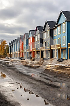 row of new houses under construction in suburbs