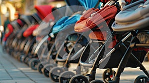 Row of new strollers for sale, brand logos not visible. DOF.