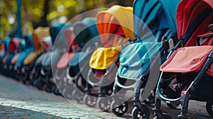 Row of new strollers, unbranded, for sale. EOF.