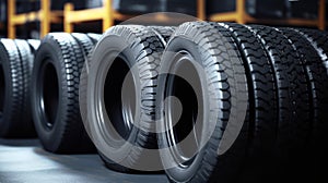 row of new tires stacked in a warehouse, ready for sale or use. The tires vary in tread patterns,