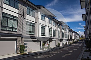 A row of a new townhouses. External facade of a row of colorful modern urban townhouses.brand new houses just after construction o