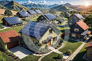Row of Newly Built Modern Houses with Solar Panels on Black Metal Roofs, generative ai