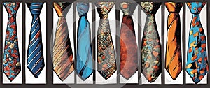 row od different mal neckties isolated on white, fashionable ties