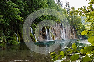 Row oh the waterfalls in the forest in national park plitvice lakes in croatia