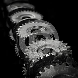 A row of oilstained cogs worn from years of use. Black and white art.