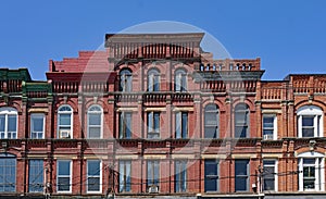 row of old 19th century brick buildings