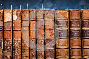 Row of old antique books in a library