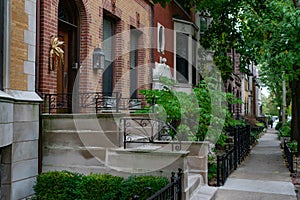 Row of Old Brick Homes and the Sidewalk in Lincoln Park Chicago