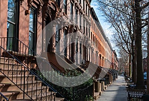 A Row of Old Colorful Brownstone Townhouses in Fort Greene Brooklyn New York