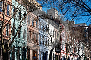 A Row of Old Colorful Brownstone Townhouses on the Upper West Side of New York City