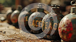 A row of old gas canisters with the word peace written on them, AI