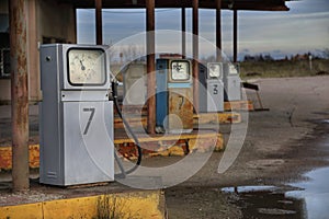 A row of old gas pumps