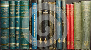 A row of old physics books - spine