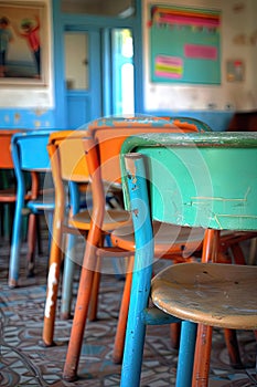 A row of old school chairs are sitting in a classroom