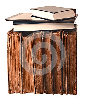 Row of old shabby brown books, new book and digital tablet on it isolated on white background. Old vs new concept