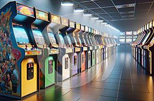 A row of old vintage arcade video game machines in an empty dark gaming room