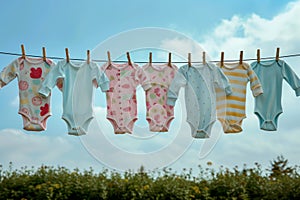 a row of onesies hanging on a clothesline against a blue sky