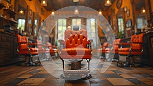 A row of orange chairs in a salon with checkered floors, AI