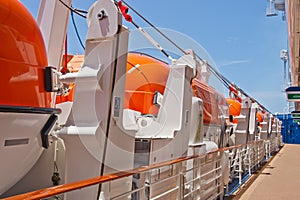 Row of Orange Lifeboats by Deck of Cruise Ship