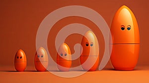 Row of orange matryoshkas against orange background