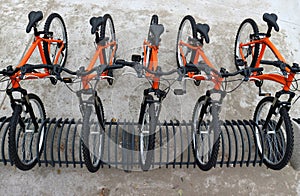 Row of orange mountain bikes parked. Urban mobility.