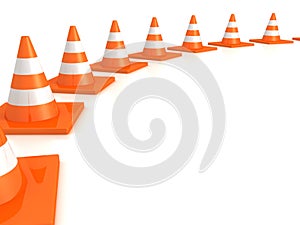 Row of orange road traffic cones on white