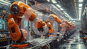 Row Of Orange Robotic Arms In A Modern Manufacturing Facility With Illuminated Control Panels