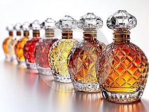 Row of ornate crystal perfume bottles on reflective surface.