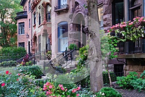 Row of ornate old 19th century townhouses photo