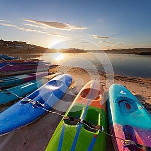 Row of paddle boats,paddle skis or canoes on the beach