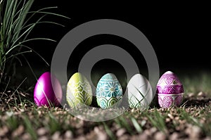 A row of painted easter eggs in the grass.