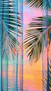 A row of palm trees against a magenta and azure sunset sky