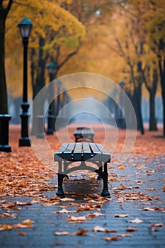 A row of park benches sitting on top of a sidewalk, AI