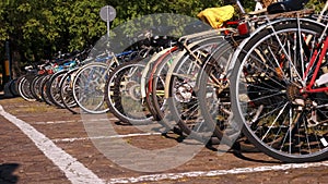 Row of Parked Bicycles on a Sunny Day at a City Bike Station