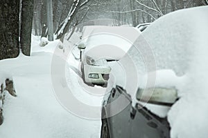 a row of parked cars on a city street on a cold winter day.