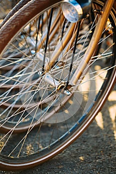 Row of parked vintage bicycles bikes for rent on