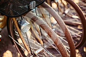 Row of parked vintage bicycles bikes for rent on