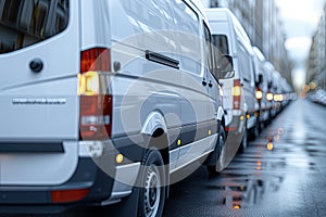 Row of parked white commercial delivery vans. Generative AI