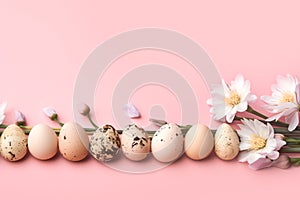 Row of pastel colored eggs white spring flowers on pink background. Soft morning light. Holiday banner card template with copy