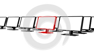 Row of pc monitors render, lots of rows of blank black pc screens isolated on white. One display red, pointed out
