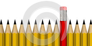 Row pencils on white background. Isolated 3d illustration