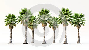 A row of perfect palm trees against a white background.