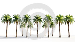 A row of perfect palm trees against a white background.