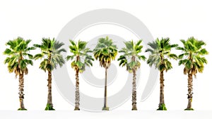 A row of perfect palm trees against a white background.