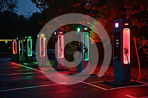 A row of phone booths in a parking lot, brightly illuminated with vibrant colors, Charging stations replacing traditional petrol