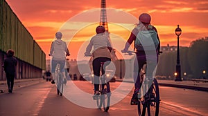 A row of pink bicycles at a docking station in Paris with the iconic Eiffel Tower in the background, under a fiery